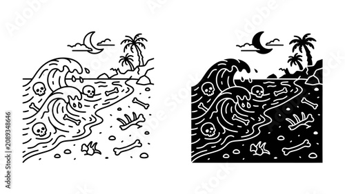 Obraz na plátně Tropical Island Nightmare: Waves crash onto a desolate beach, strewn with bones and skulls, under a crescent moon and silhouetted palm trees