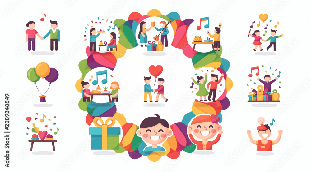 Fototapeta premium happy people celebrating, colorful party icons