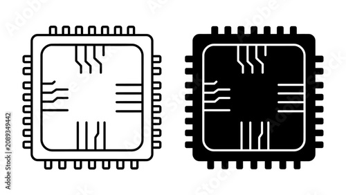 Quadro su tela CPU Chip Icons: Two distinct icons representing a central processing unit (CPU) chip, one in outline and the other as a solid silhouette, showcasing the intricate design of microelectronic components