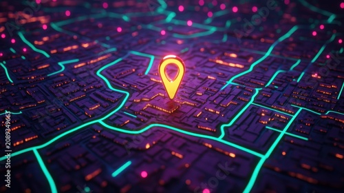 Glowing Map with Neon Location Pin in Urban Environment