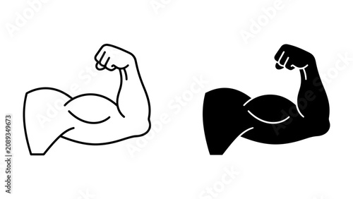 Fotografía Flexed Bicep Icons: Simple line art and silhouette icons depicting a flexed human bicep, symbolizing strength, power, and fitness
