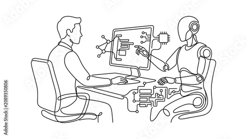 Continuous line art of a human working with a robot on a computer