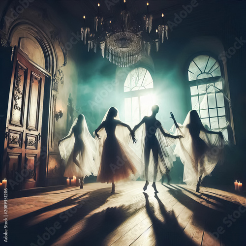 Ghostly figures and ghosts gracefully dance in a large ballroom. Halloween time