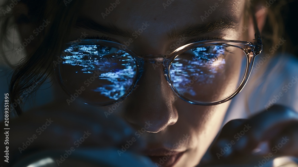 Obraz premium Prompt: A realistic fine-art portrait of a data scientist, capturing a woman studying dense, clean glowing algorithm formulas reflected symmetrically on her glasses. Shot on a Phase One XF IQ4, 