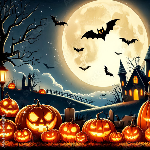 pumpkin fields with glowing pumpkin faces in the moonlight. bat and creepy images against the full moon