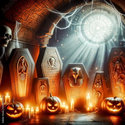 tombs and sarcophagi In the eerie moonlight of the crypt pumpkin face and candles mystical figures time Halloween