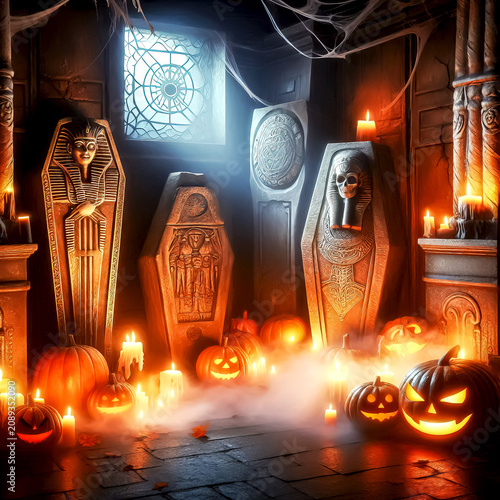 tombs and sarcophagi In the eerie moonlight of the crypt pumpkin face and candles mystical figures time Halloween