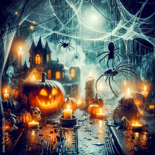 table with magic potions and books illuminated by candlelight and pumpkin masks with attributes, vials, magic talismans and other magical attributes,