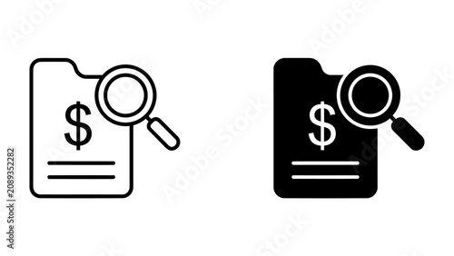 Financial Audit Icon: A clear and concise graphic representing a financial audit, with a dollar sign on a document magnified by a magnifying glass, symbolizing financial inspection and analysis.