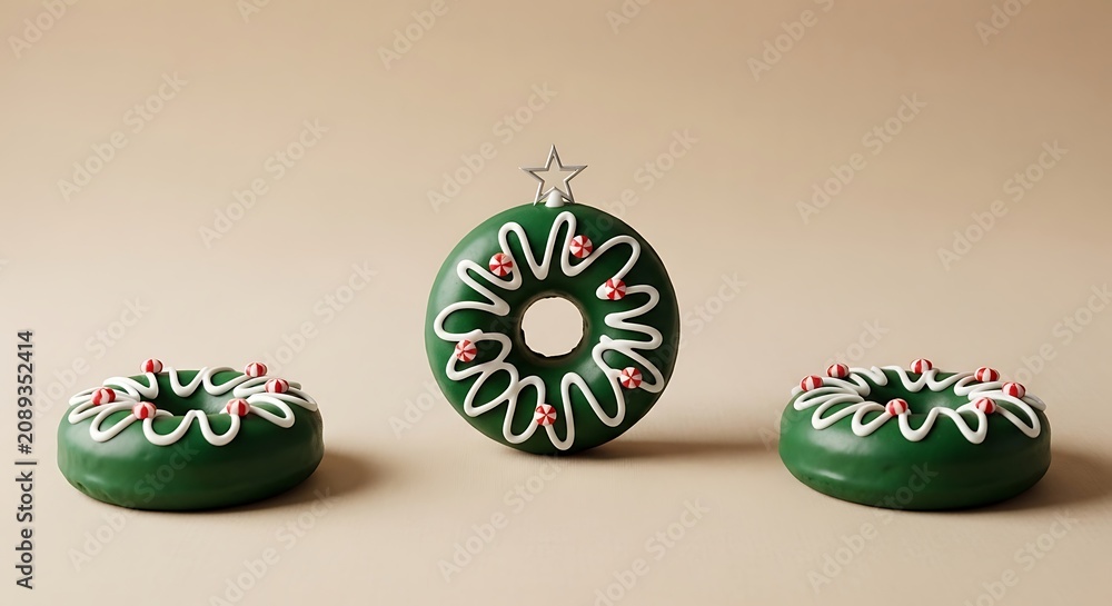 Fototapeta premium Festive Christmas Donuts - Delicious Green Treats with Holiday Decorations.