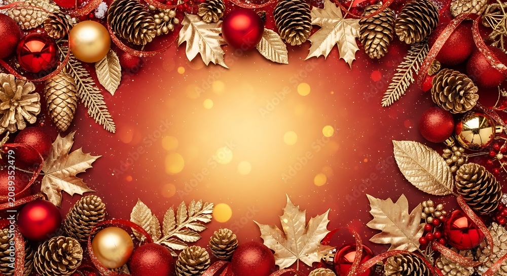 Fototapeta premium Festive Christmas frame with golden leaves and red ornaments on glowing background.