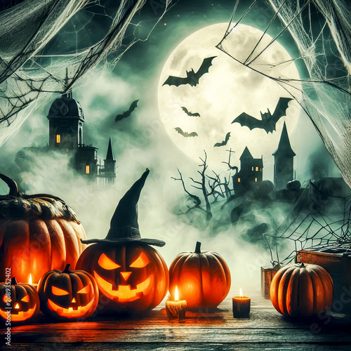 Halloween time image of Halloween related items magical items books pumpkin lanterns candles witch hats fog and cobwebs gloomy fairy lights spiders and cats