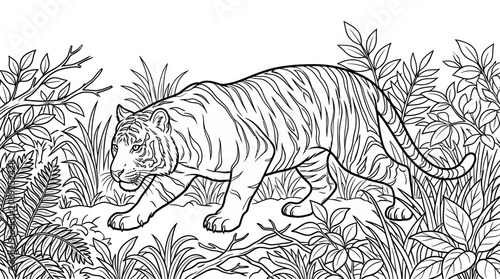 Foto Detailed tiger prowling among tropical foliage line art coloring page