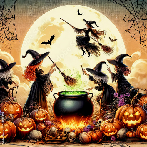 witches at a cauldron, casting spells, preparing a mysterious potion, an atmosphere of magic and horror, witchcraft paraphernalia in the form of candles, pumpkin masks, all sorts of ingredients