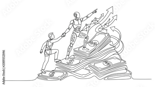 Continuous line art of robot helping businessman climb money stack