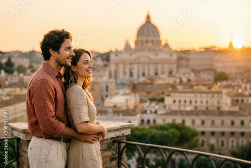Romantic young couple hugging on rooftop balcony enjoying panoramic sunset view over Rome city