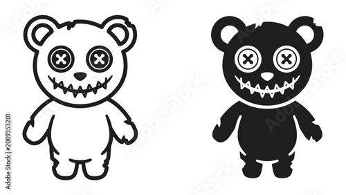 Fotografie Creepy Teddy Bear Icons: Two stylized teddy bear icons, one in black and white outline and the other as a solid black silhouette, both featuring unsettling stitched eyes and a wide, jagged smile