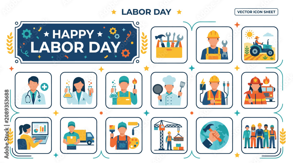 Fototapeta premium Happy Labor Day Vector Icons: Diverse Professions Celebration