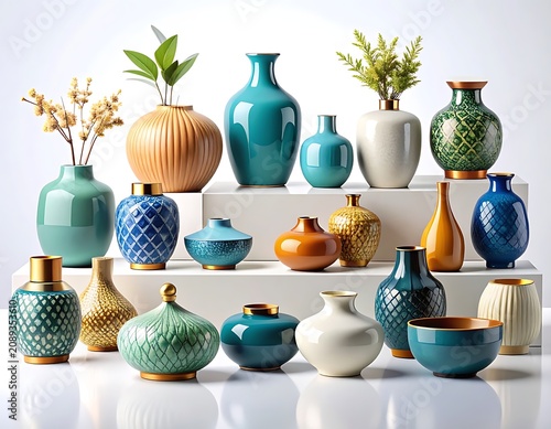 Collection of decorative ceramic vases displayed.