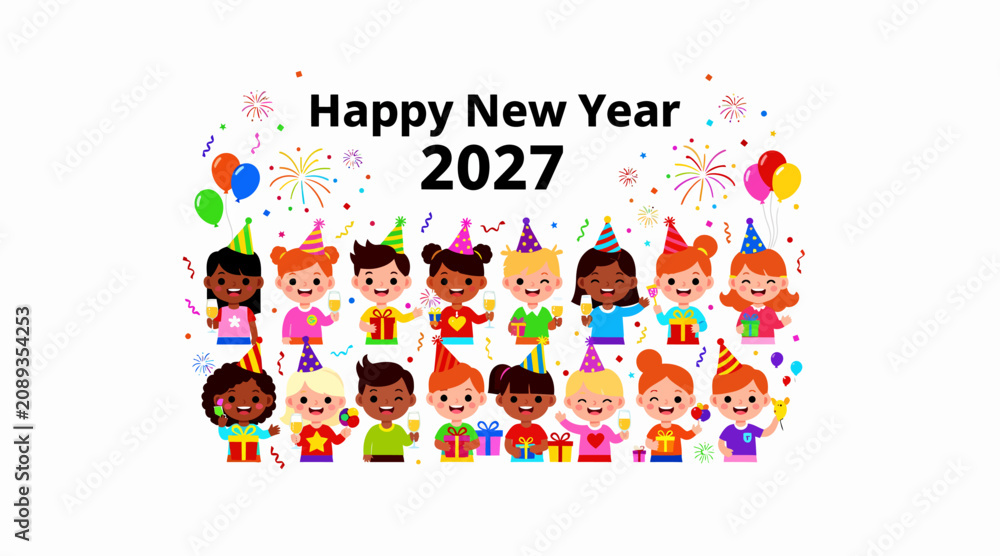 Fototapeta premium Happy New Year 2027 Celebration with Diverse Kids, Party Hats, Gifts & Fireworks