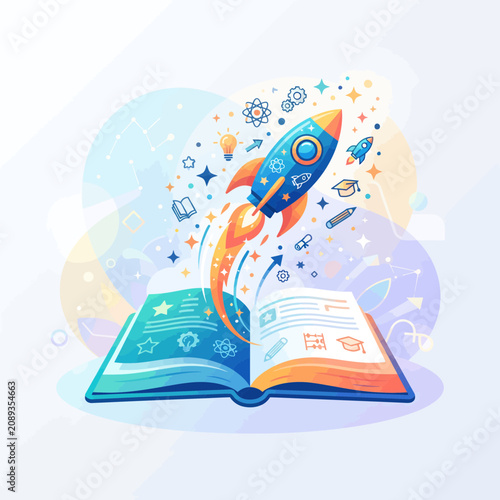 Conceptual Illustration of a Space Rocket Launching from an Open Textbook Symbolizing Innovation and Academic Growth