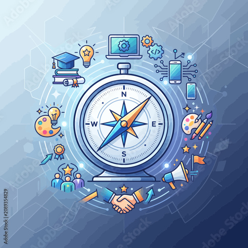 Career compass illustration with education, technology, business, and creative icons representing professional guidance, development, and success