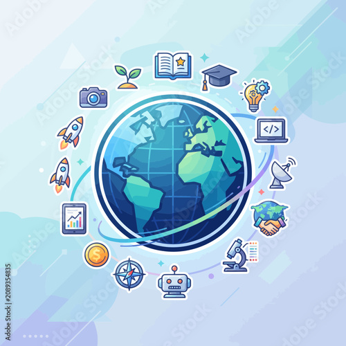 Global Education and Technology Concept Illustration with Globe and Icons