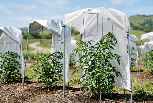 Protective row plant covers with tomato seedlings in outdoor garden for vegetable bed background and crop protection design