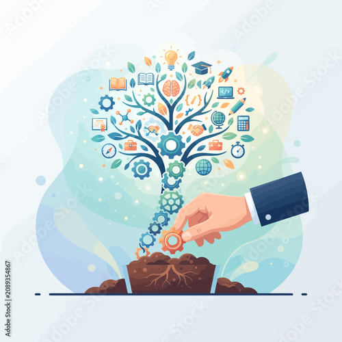 Conceptual Illustration of a Hand Planting a Gear to Grow a Tree of Knowledge and Innovation Symbols