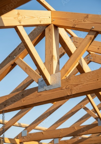 Wooden Roof Truss Construction with Metal Connector Plates Against a Clear Blue Sky Background