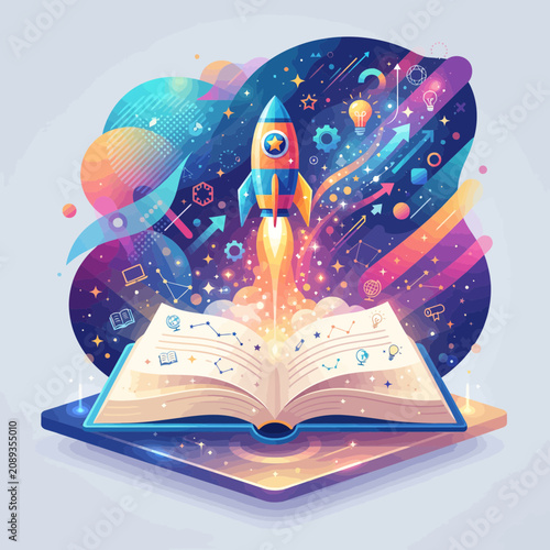 Conceptual Illustration of an Open Book Launching a Vibrant Space Rocket Representing Knowledge and Imagination for Educational Innovation