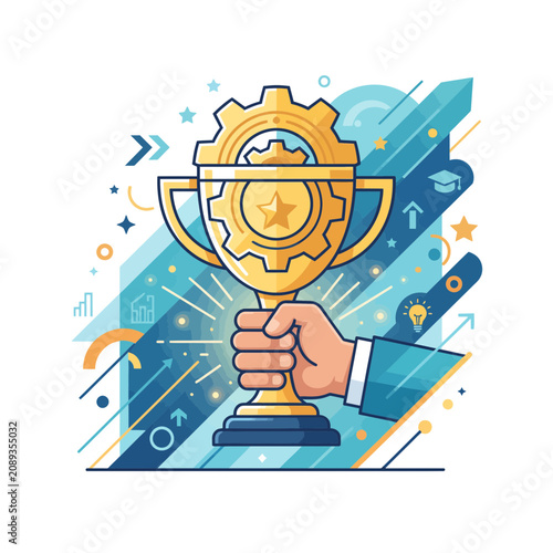 Hand holding golden trophy cup with gear representing business success, achievement, and strategic leadership