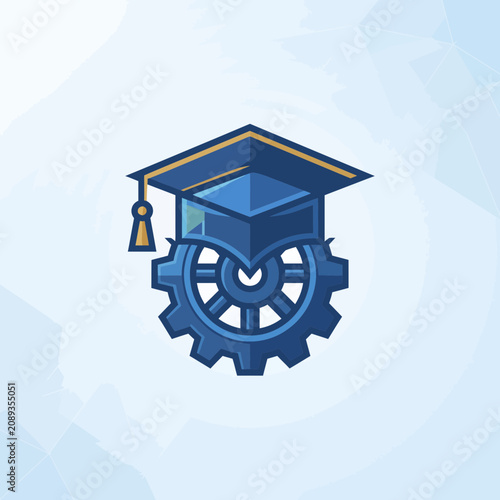 Professional Engineering Education Symbol Featuring a Graduation Cap Integrated with a Mechanical Gear Mechanism for Academic Achievement and Technical Skill Development