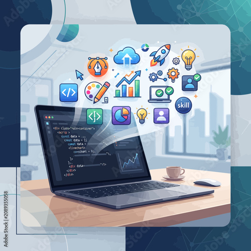Professional Laptop Displaying Programming Code with Creative Software Development Icons and Digital Growth Analytics