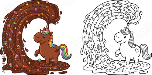 фотографія Kawaii Chocolate Unicorn Standing in a Melting Chocolate and Candy Wave Color an