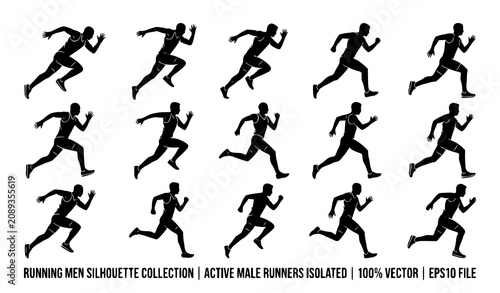 Create a premium vector illustration featuring 30 unique black silhouettes of running men isolated on a solid white background. Include male runners in a wide variety of natural running poses such as 