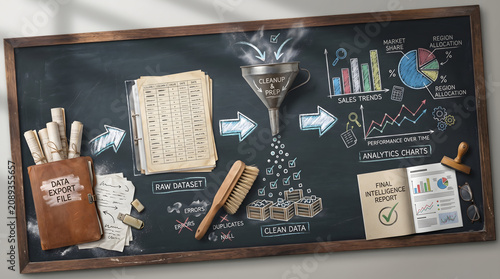 Data processing lifecycle infographic on chalkboard illustrating raw dataset transformation into final intelligence reports with funnel with displays detailed chalkboard