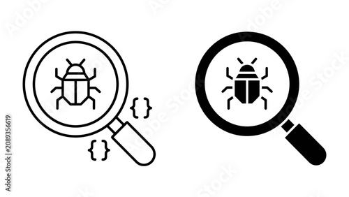 Photos Bug Detection with Magnifying Glass and Code Symbols: Two icons depicting a magnifying glass revealing a beetle, alongside abstract code symbols, represent the process of debugging software