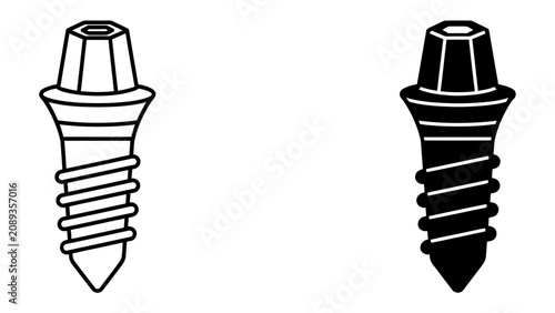 Konstfotografi Dental Implant Illustration: Two detailed illustrations of a dental implant, one in line art and the other in silhouette, showcase the screw and abutment components
