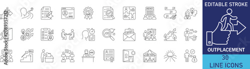 Foto Outplacement service and corporate career transition line icon set