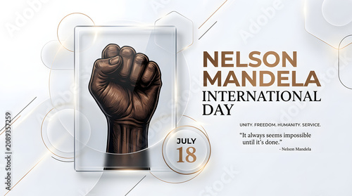Nelson mandela international day poster featuring a bronze statue style fist on white background