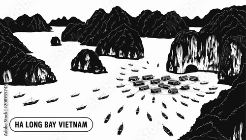Photos Very beautiful black and white realistic vector illustration of Ha Long Bay feat