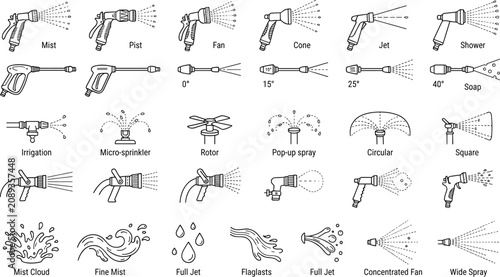 Vector illustration of various spray nozzle types and water spray patterns on white background hose garden irrigation sprinkler jet mist fan cone
