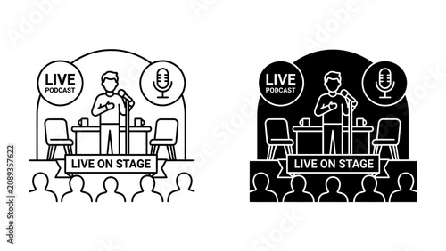Photos Live Podcast on Stage: An engaging illustration depicts a podcast host speaking into a microphone on a stage, with an audience seated before them, creating a dynamic scene for live broadcast