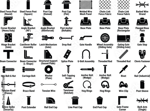 Collection of metal fasteners and structural components vector illustration on a white background engineering construction hardware building materials steel iron anchors bolts