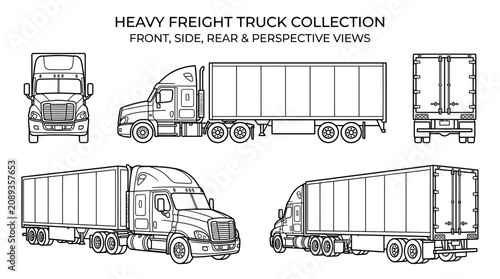 Bild auf Leinwand Freight Truck Collection: Front, Side, Rear, and Perspective Views