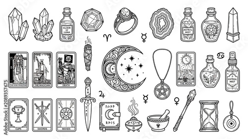Bild auf Leinwand Mystical Esoteric Symbols, Tarot Cards, Crystals, Potions, and Witchcraft Object