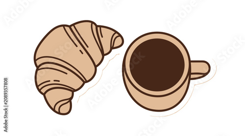 Fotografie Cute hand drawn illustration of a fresh croissant and a cup of coffee