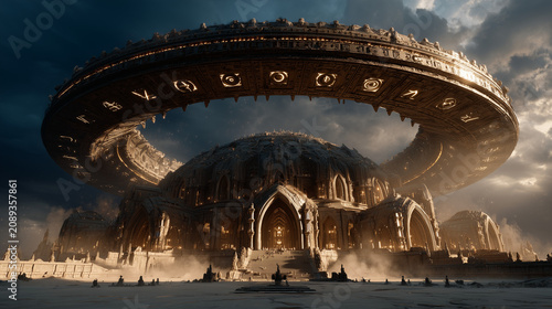 Ancient Futuristic Temple With Floating Holographic Symbols
