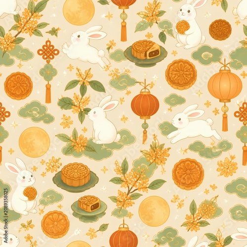 seamless pattern with moon festival and rabbit  in autumn theme